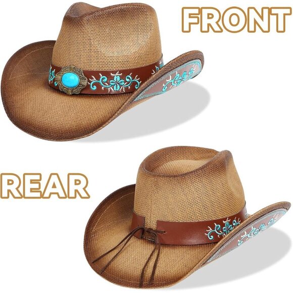 Straw Cowboy Hat Wide Brim Sun Protection Unisex Western Festival Accessory